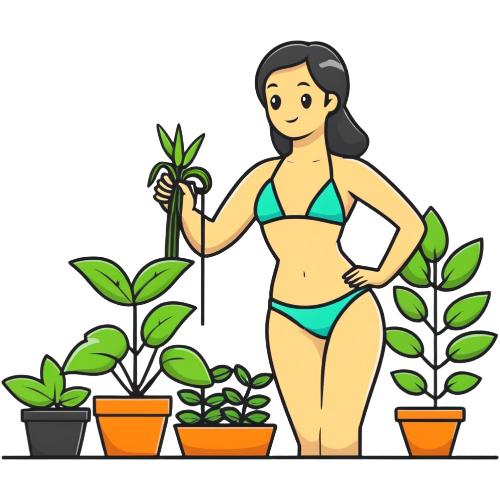 woman in bikini gardening with plants emoji