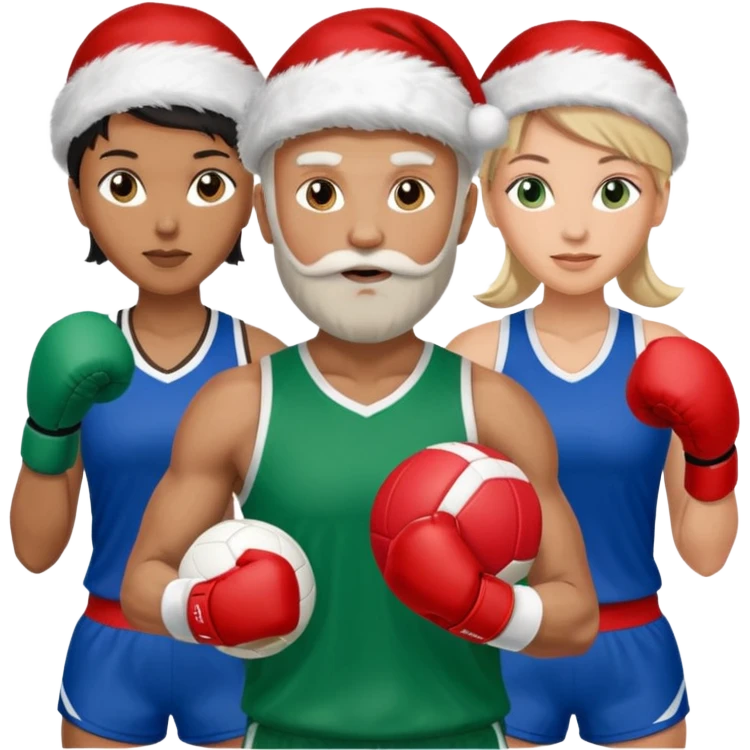 3 atletas, um homem no meio e duas mulheres com cores de pele diferentes, usando elementos esportivos, bola de futebol, luvas de luta e bola de vôlei. Coloque um chapéu de papai noel das cores verde e com roupas azul e branco emoji
