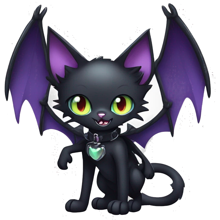   cool edgy kawaii anime-style ethereal dark-punk-themed animal vampiric cat-hybrid Fakemon with fangs and bat-wing-ears with a collar full body emoji