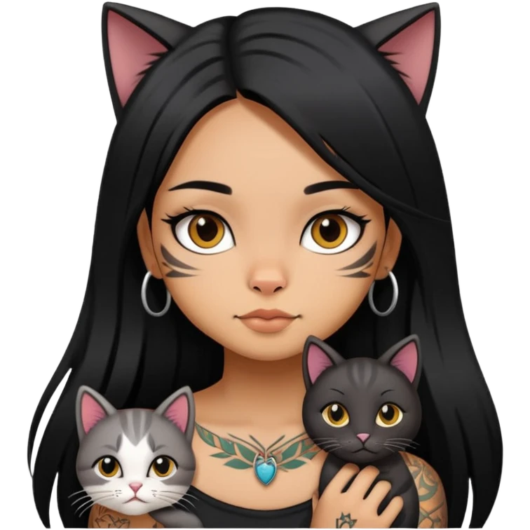 girl with long black  straight hair and tattoos and cute cat emoji