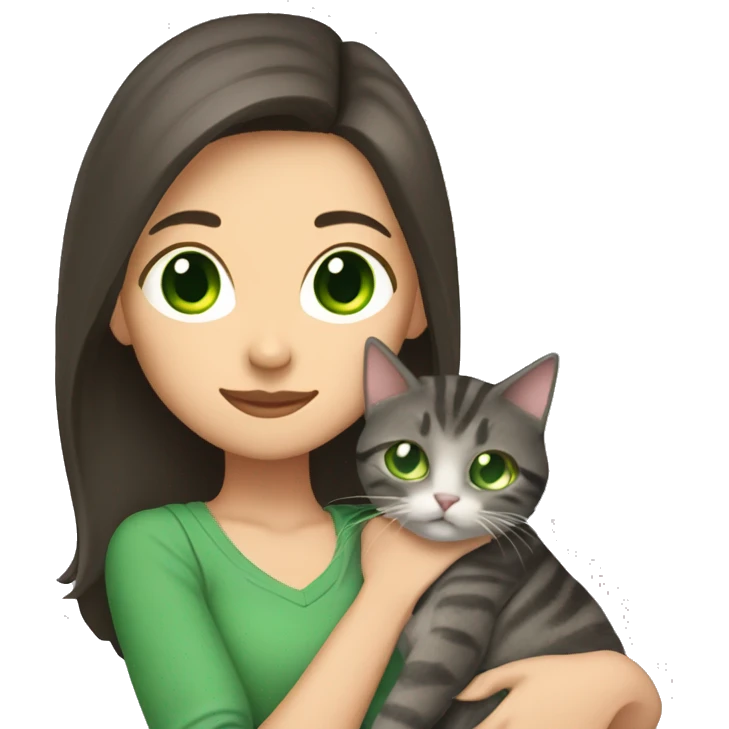 A woman with long dark brown hair and green eyes holds a gray tabby cat with green eyes in her arms emoji