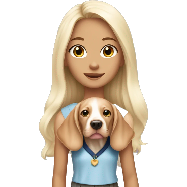Pretty tan skinned girl with long white blonde hair wearing a preppy outfit with a cute vizsla puppy  emoji