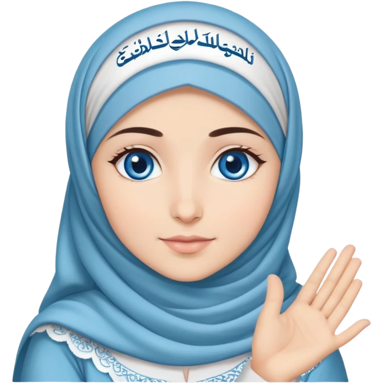 Turkish beautiful finish Konya girl blue eyes with cloudy hijab islamic dress and had on her hand text Eid Mubarak  emoji
