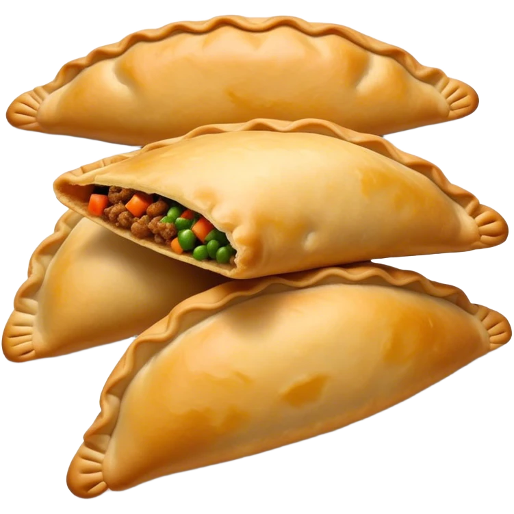 Cinematic Realistic Empanadas Dish Emoji, showcasing crispy fried turnovers filled with spiced meat and vegetables rendered with rich textures and dynamic, appetizing lighting. emoji