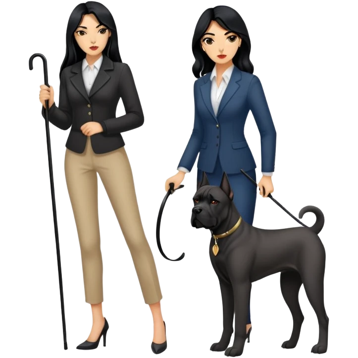 Stylish woman with long black hair and a black Cane Corso dog with cropped ears emoji