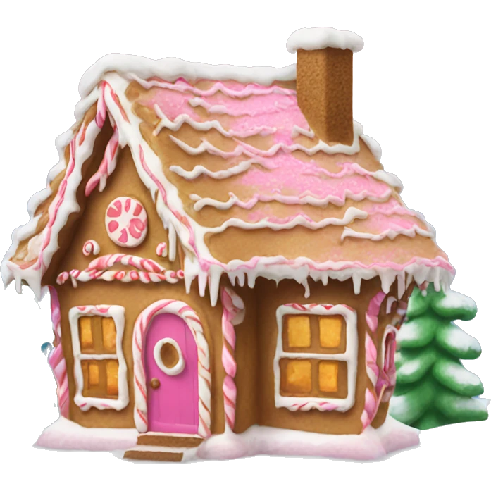 Gingerbread house with pink door and snow emoji