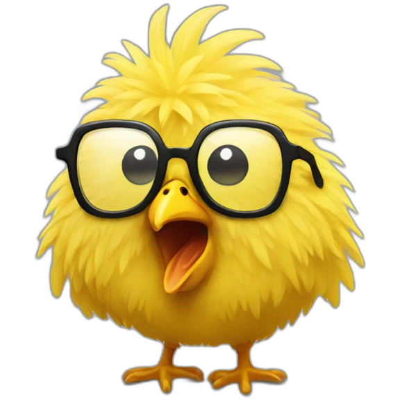 Fluffy yellow chicken with dark glasses shocked by a thunder emoji