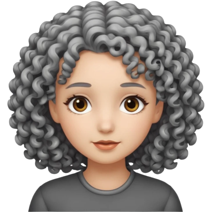 Fais une fille avec les cheveux bouclés gris brillants, avec des yeux qui sont vraiment gris foncés emoji