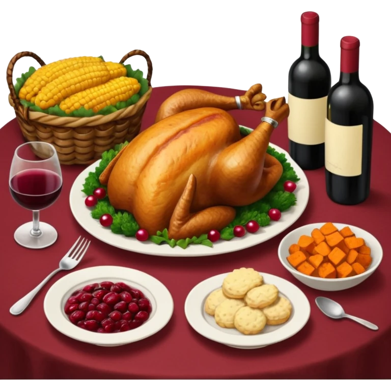 Thanksgiving Dinner with friends of all different races; have the food be a cooked turkey, mashed potatoes, corn, a basket of biscuits, a small bowl of cranberry sauce, baked yams, steamed vegetables, and a bottle of wine. emoji