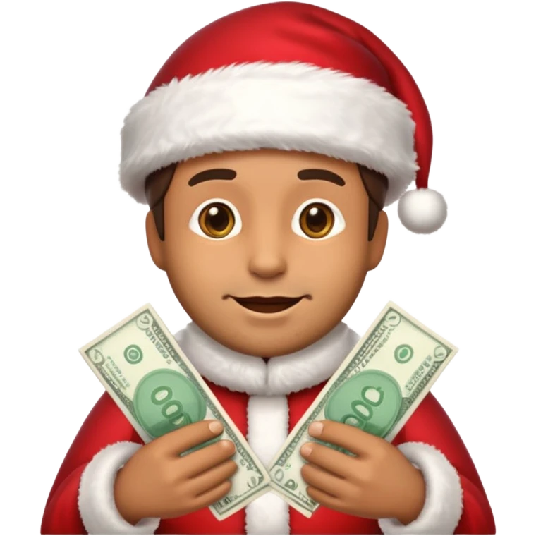 A confident rich emoji face wearing a Santa hat, money stacks, casino vibe, New Year theme, premium 3D emoji style, sharp details, no text, isolated on transparent background emoji