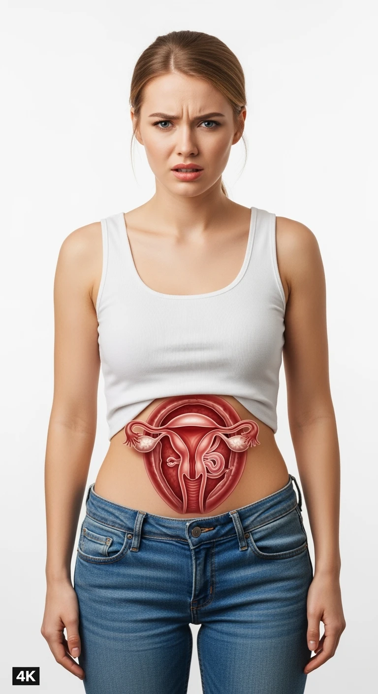 donna vestita casual realistico con utero umano anatomico in evidenza, dolore in volto, IPERREALISTICO 4K, sfondo bianco emoji