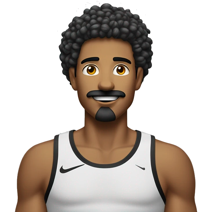 Homem, com expressão feliz, com cabelo arrepiado, piercing no nariz, olhos castanhos, bigode e cavanque, moletom preto da nike com capuz. emoji