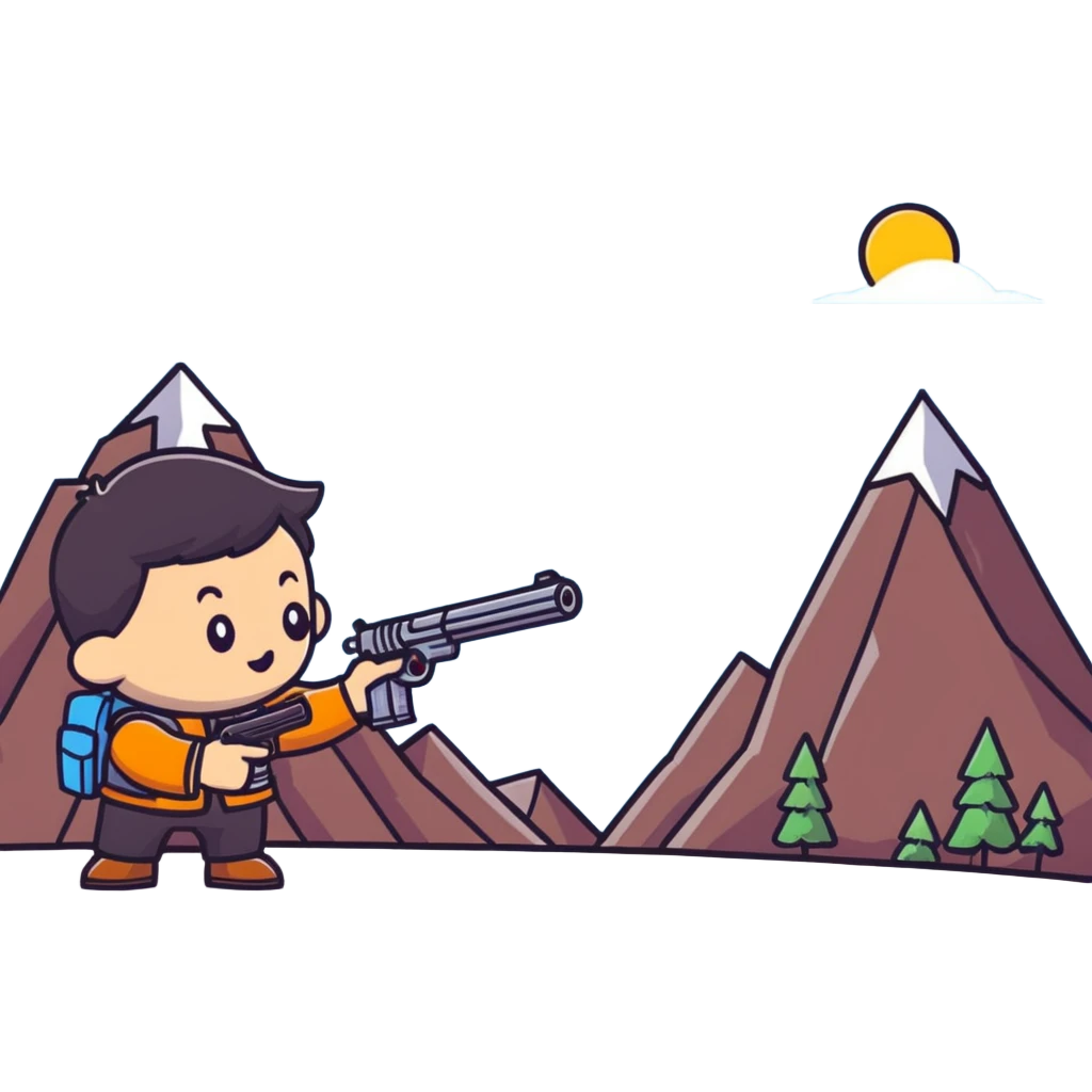 Cute tiny character with a toy gun shooting at a mountain with little figures emoji
