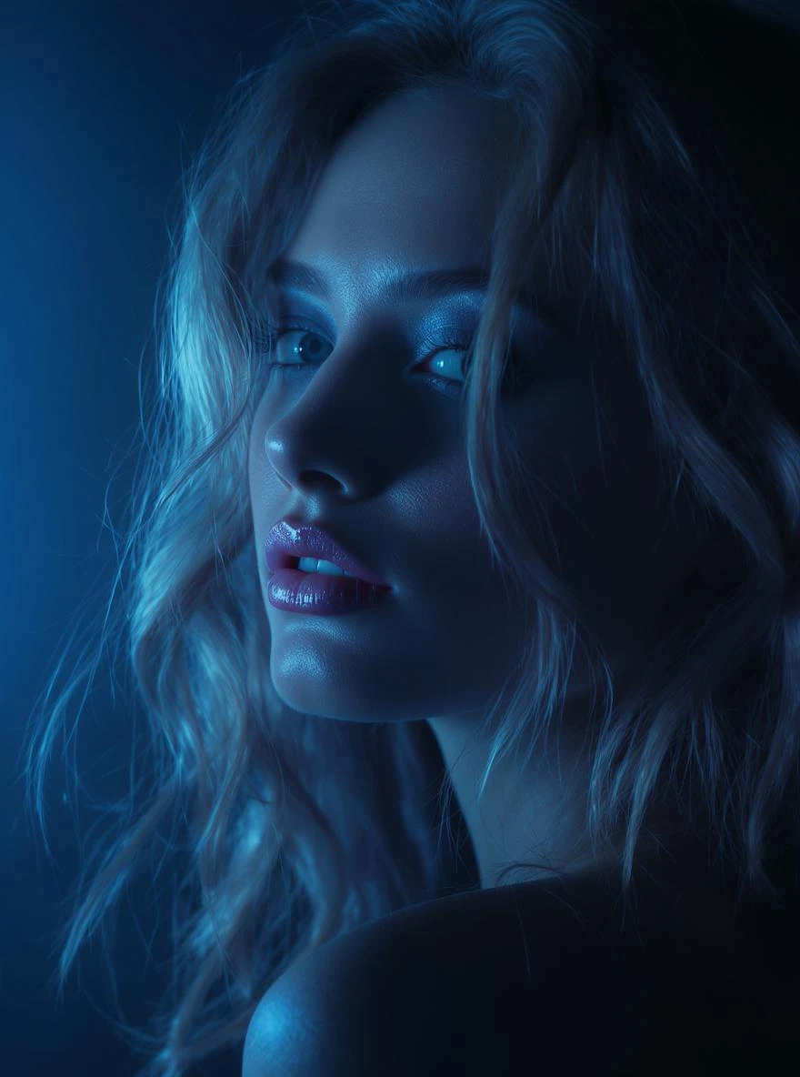 Extreme Closeup photo of a beautifull woman, cinematic light, Blue light ambient light, back light, 8K, very detailed, sharp emoji