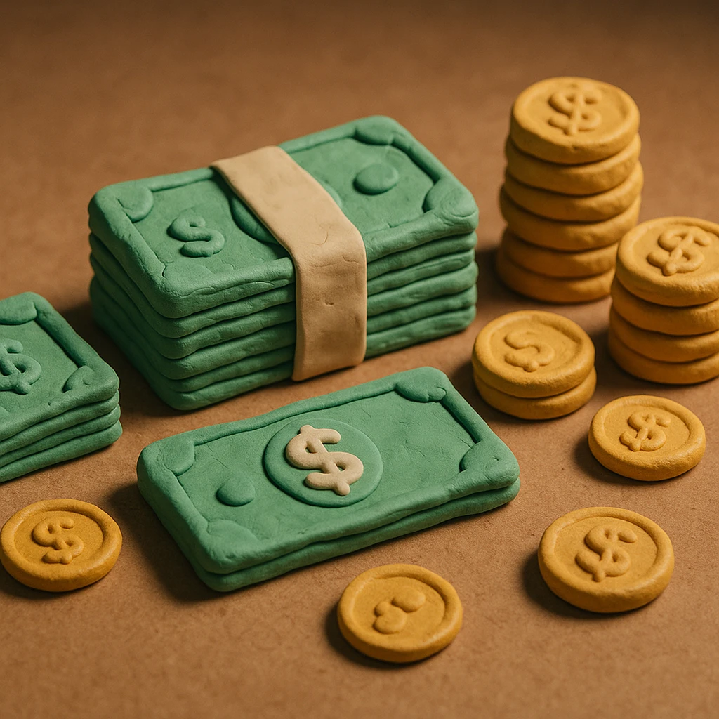 money, cash, dollar bills, coins, wealth in claymation style emoji