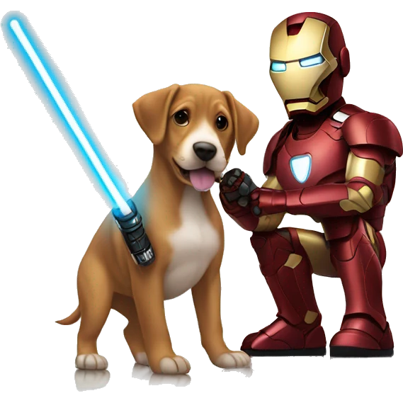 Ironman holding a puppy and a light saber emoji