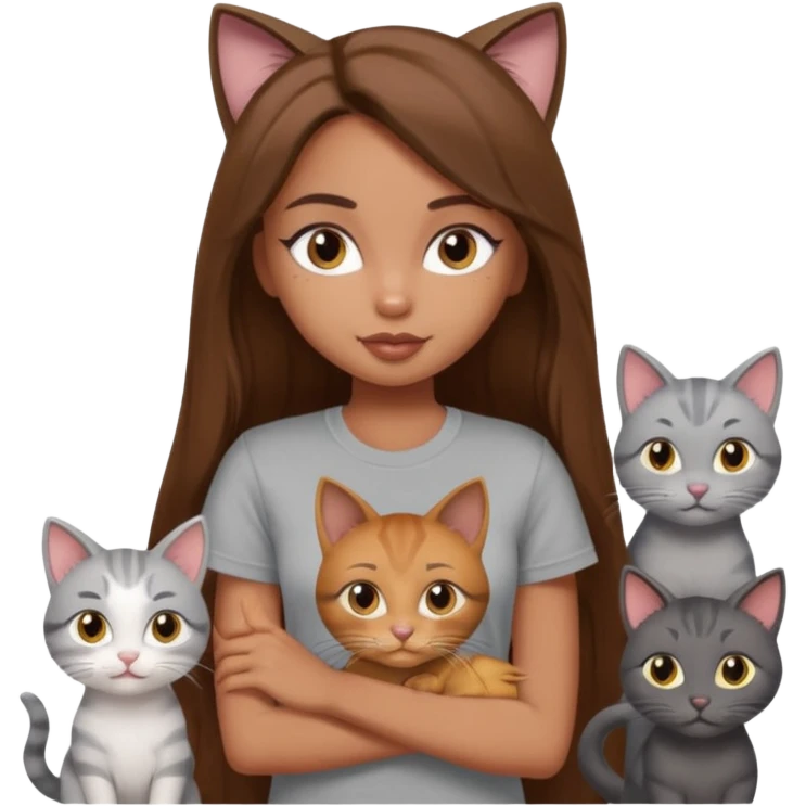 a pretty bratz dusky girl with long brown hair with six cats nd wearing a grey tshirt emoji