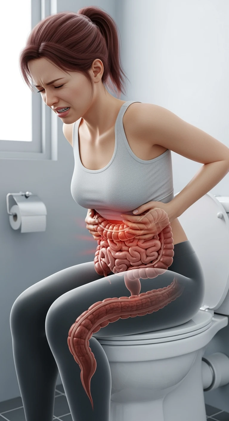 DONNA CON MAL DI PANCIA SEDUTA SUL WC MENTRE SI SFORZA, INTESTINO UMANO ANATOMICO IN EVIDENZA, IPERREALISTICA 4K, SFONDO BIANCO emoji