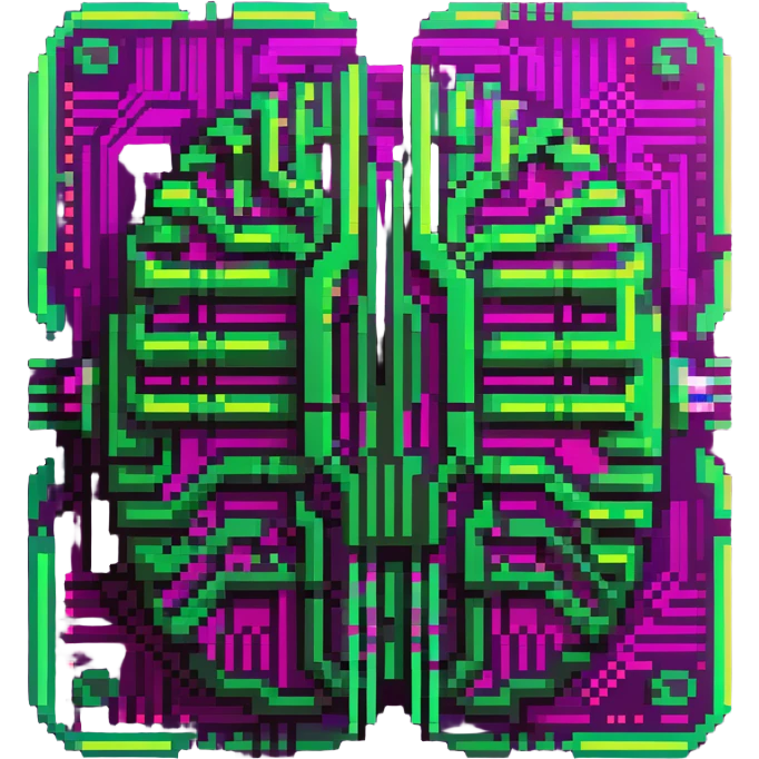 minimalist cartoon emoji of an AI brain chip, Matrix-inspired cyberpunk style, three neon green shades with magenta, clean crisp pixel lines, techy sticker look, stroke, futuristic digital feel emoji