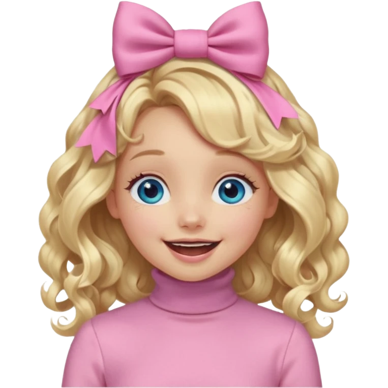 دختری با موی بلوند و خیلی بلند و فرفری و پاپیون صورتی روی سرش و یه لباس  یقه اسکی صورتی کم رنگ که شاینی هست و چشم های آبی و لباس های حجم دار در حال خندیدن emoji