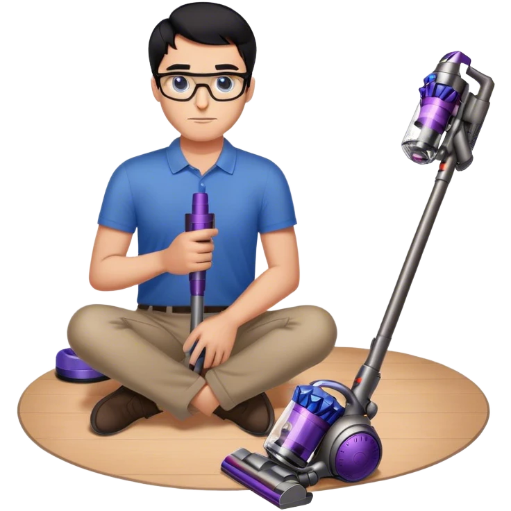 Man with black hair and blue eyes with glasses using Dyson wireless on the floor emoji