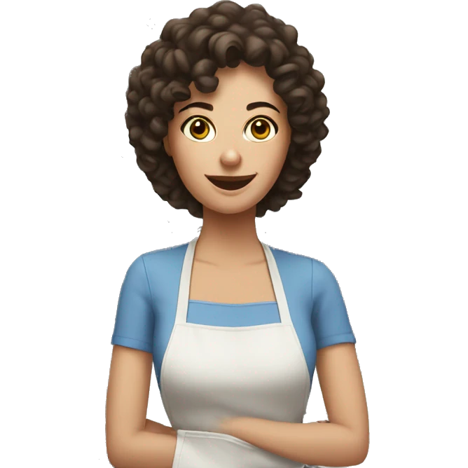 White woman with dark brown curly hair cooking emoji