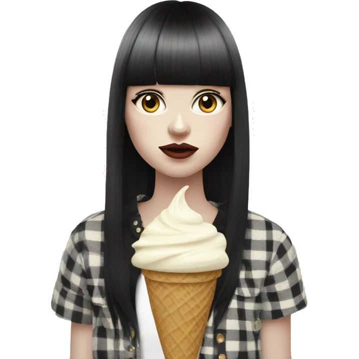 Portrait chanel clothes Girl pale skin with long black  bangs eating icecream  emoji