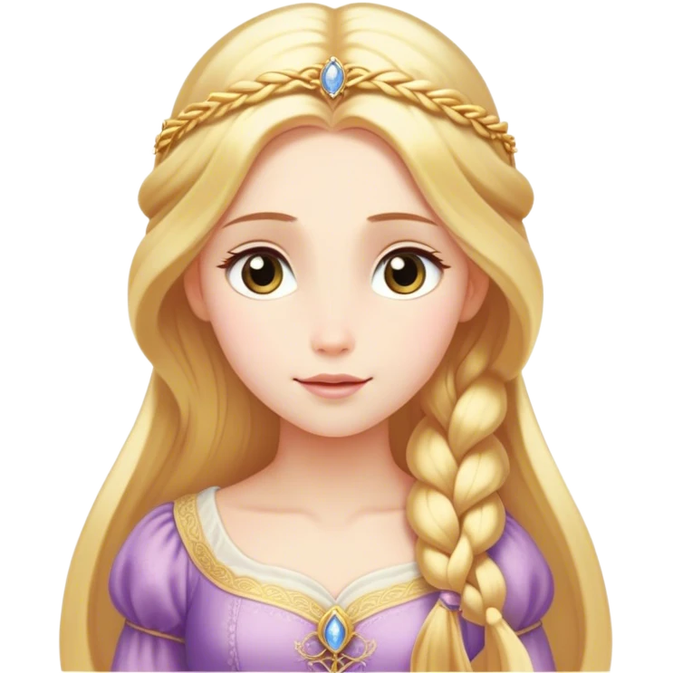 Cinematic Serene Rapunzel Portrait Emoji, rendered in a simplified vector style. Depict a gentle Rapunzel (chest and above) with delicate porcelain skin and long, shimmering golden hair, her expression calm and reflective, dressed in her traditional attire. The image is imbued with a soft, luminous glow and a subtle glowing outline. emoji