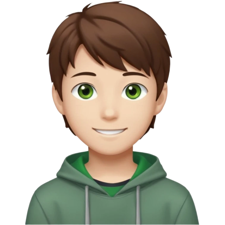 the face of an Anime asian style teen boy with brown hair, green eyes, looking smiling slightly sideways positioned. Face must be main filling of the emoji.  128px emoji