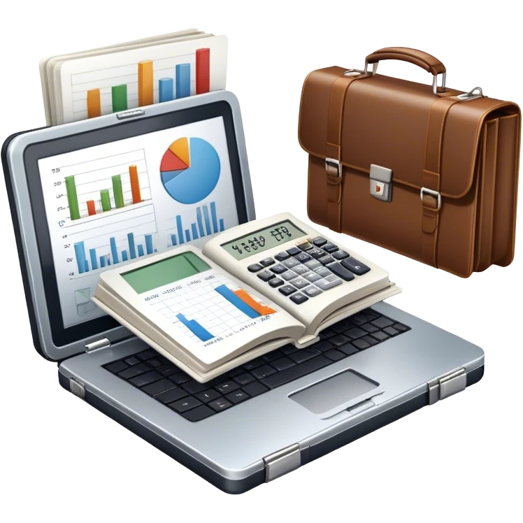 Icon for Business Reading: an open book with a graph and financial charts, a briefcase, a calculator, and a laptop nearby. The icon should represent the world of business, finance, and professional growth. Transparent background. emoji