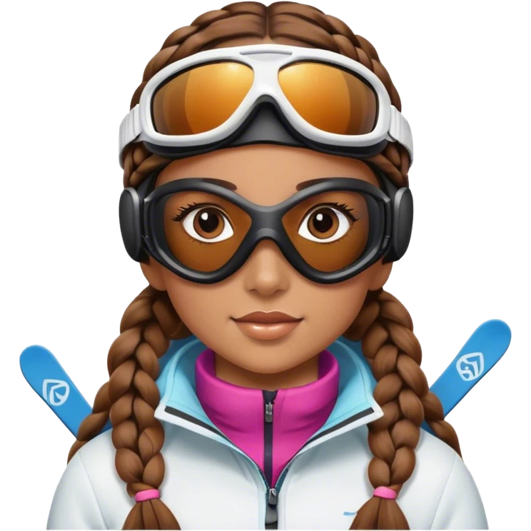 Girl with 2 braids, brown hair, skiing, wearing ski goggles, tan skin emoji