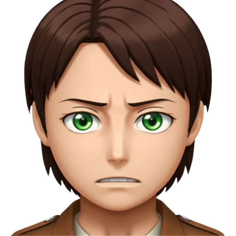“Create an avatar that looks like Eren Yeager from Attack on Titan, Season 4 — sharp jawline, tied-back long brown hair, intense green eyes. No expression.  emoji