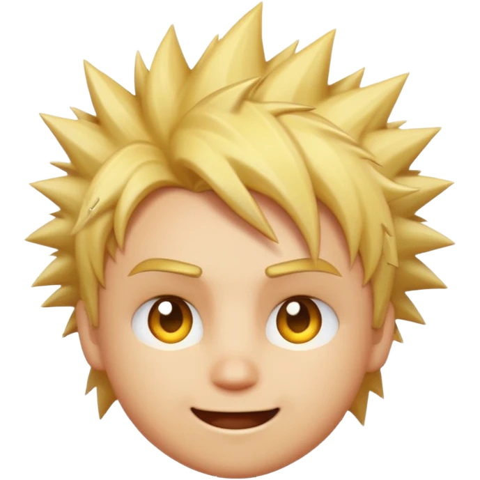 A spiky-haired golden blonde emoji face with a mischievous knowing grin, one raised eyebrow, and a tiny electric spark near the hair — indie game character style on a warm amber background. emoji