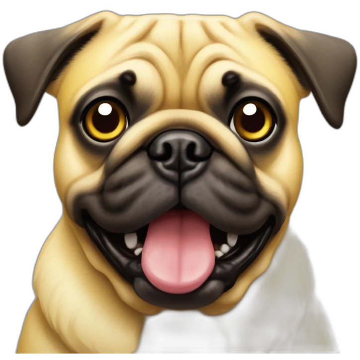 complete yellow cartonish pug dog with two big and black eyes with a white shine and some little teths out of this mouth emoji