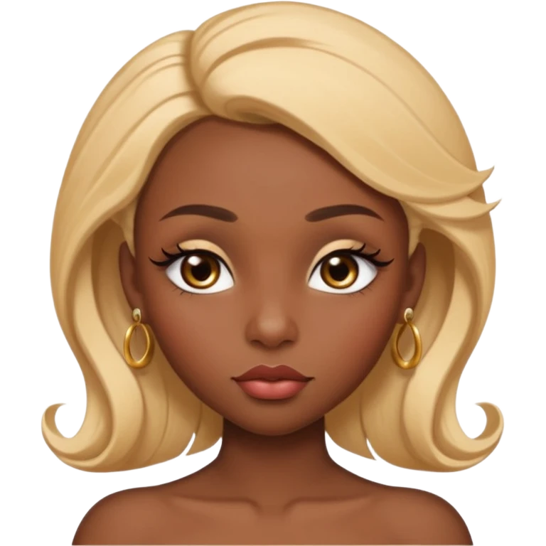 darkskin female with eyebrows that are naturally shaped and frame eyes well, eyes that are almond-shaped with defined lashes. nd lips are full with a defined cupid’s bow, add also a septum piercing that adds an edgy, stylish flair. a middle-part, honey blonde bust-down with laid baby hairs emoji