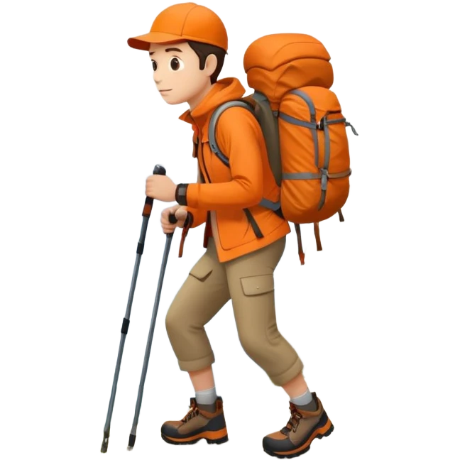 Hiker in orange jacket with backpack climbing mountain trail, minimalist design emoji