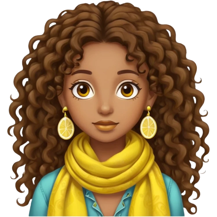 bohemian style girl, brown skin, long brown curly hair tied high, lemon yellow scarf, round earrings emoji