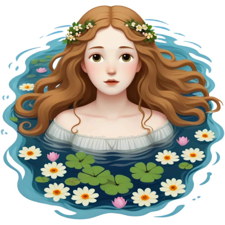 Ophelia floating in water surrounded by flowers, based on the famous painting by John Everett Millais emoji