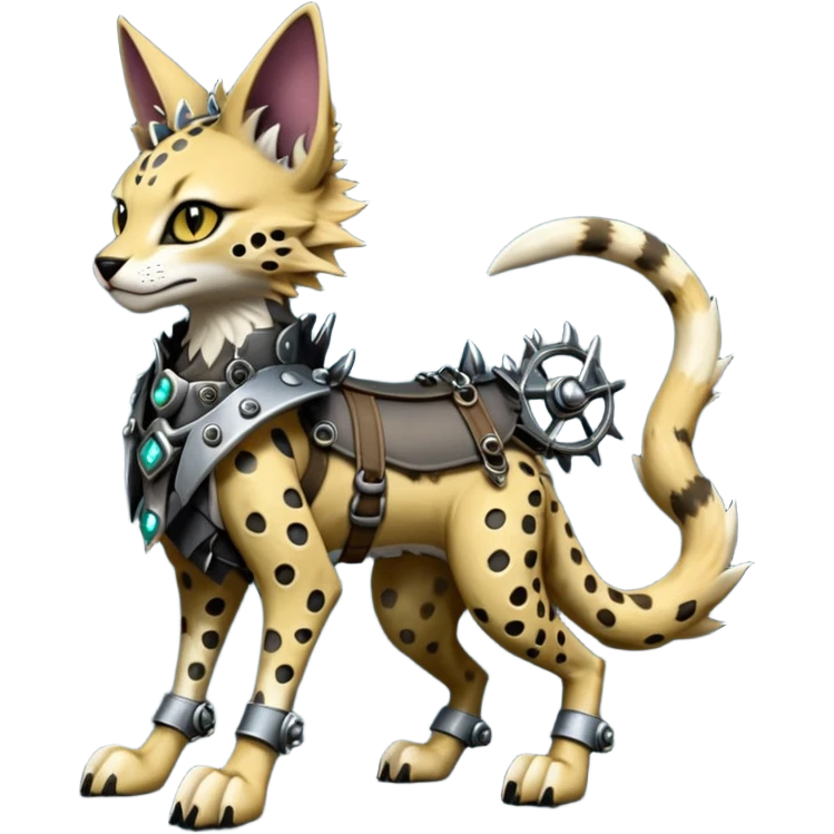 Epic complex detailed dark dusky gloomy deep gothic, realistic Fakémon-Sprigatito-Floragato-Meowscarada-Trico-Sergal-Serval-Vernid-creature (full body) with metal gears and metal knight collar emoji