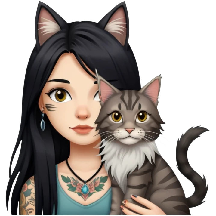 girl with long black  straight hair and tattoos and a tabby Maine coon emoji