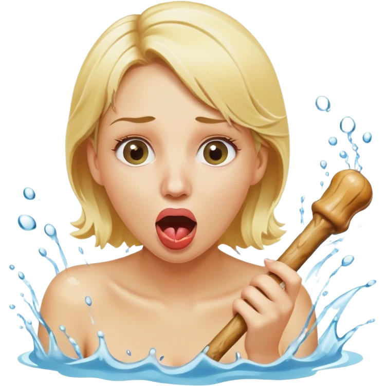 blond woman eating a wide stick the same color as her skin, with a round knob on the edge, water stream squirting directly from the knob into her open mouth, surprised expression emoji