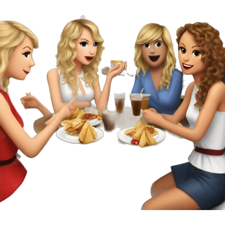 Taylor swift con Shakira y Jennifer López en un restaurante comiendo lasaña  emoji