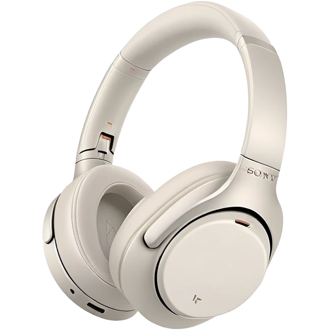 White Sony WH-1000XM4 headphones with minimal design, over-ear style with subtle Sony branding emoji