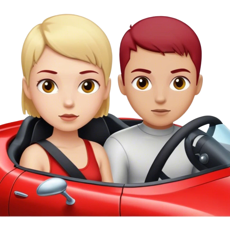 Blonde boy with a buzz cut and a girl with dark red hair in a sports car emoji