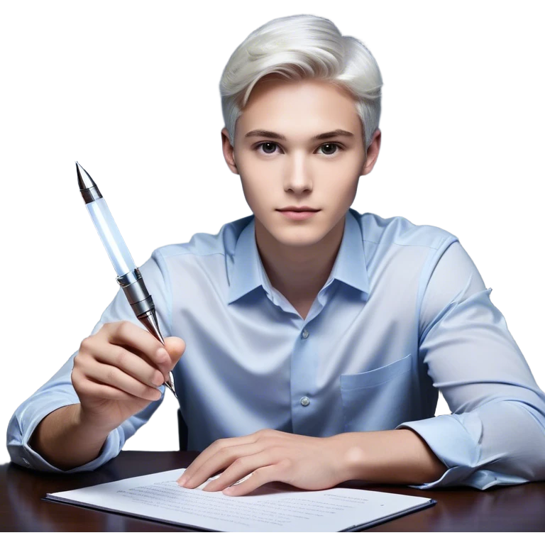 A man sitting on desk. A glowing hand emerges from within a piece of paper, symbolizing the future self. The hand extends forward, offering a pen, as if passing over the ability to take action. The pen is illuminated, representing the moment of decision—the choice to stop procrastinating and start. emoji