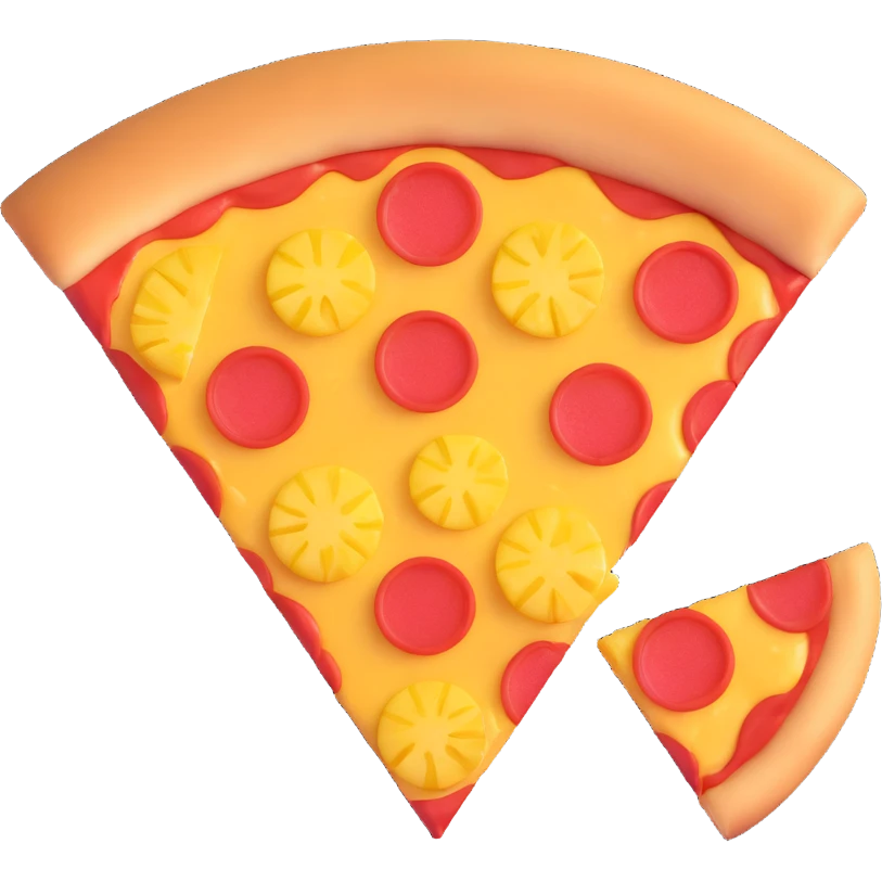 slice of pizza with chunks of pineapple, devil horns, playful and mischievous vibe emoji