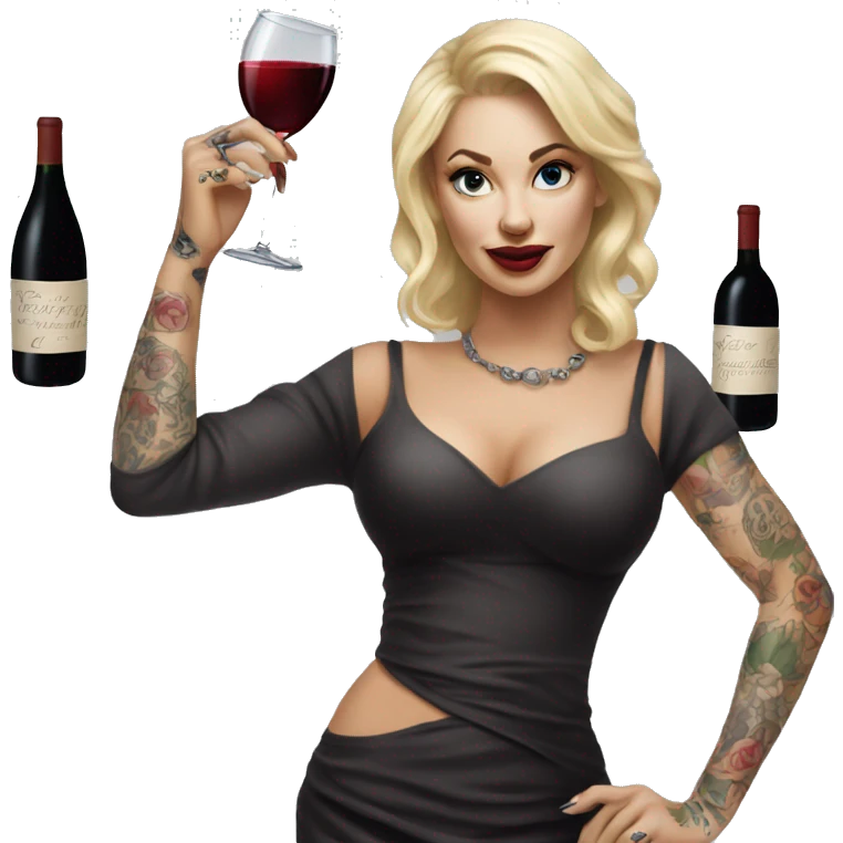 Blonde elegant women, her body covered with tattoos, wine in her one hand, Pointing Forward with her Other Hand , Hyper realistic emoji