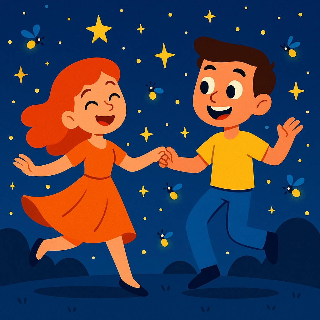 A red-haired girl and a boy dancing together under a starry night sky, with fireflies around them. emoji