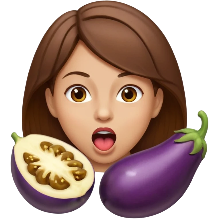 Brown hair light skin woman about to eat an eggplant mouth open emoji