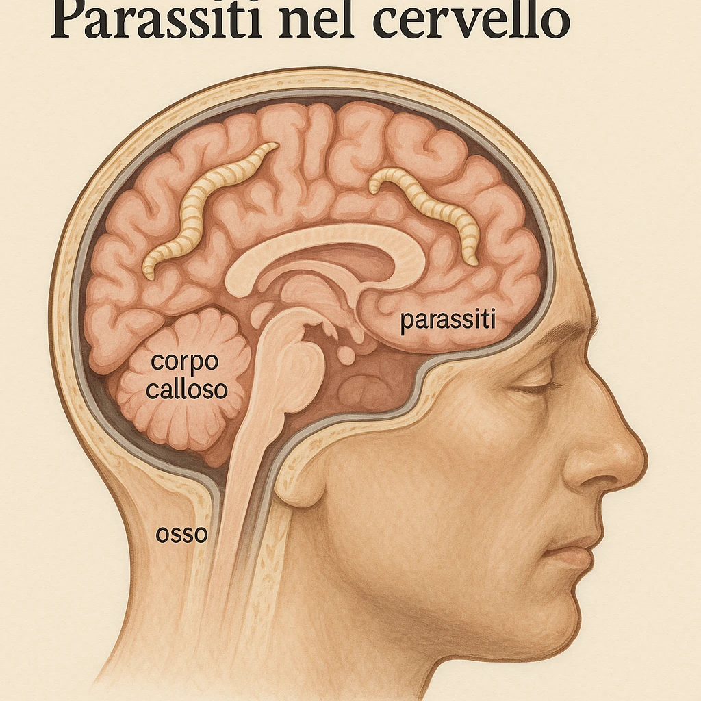 realistic medical illustration showing parasites in the human brain with stylized cross-section, educational and respectful, Italian labels, no explicit details emoji
